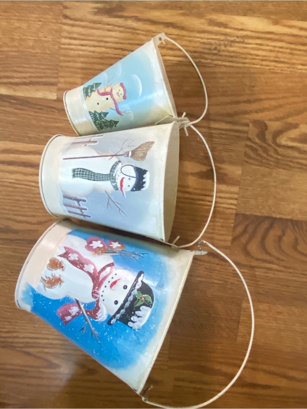 (3) Snowman Decorative Metal Buckets